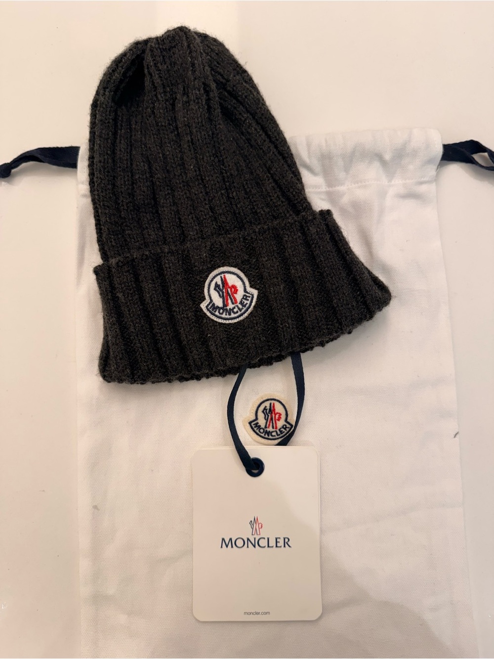 Moncler WOOL Ribbed Knit Beanie Hat Gray Used No Pom Pom w/ Dust Bag & Tags - Picture 10 of 12